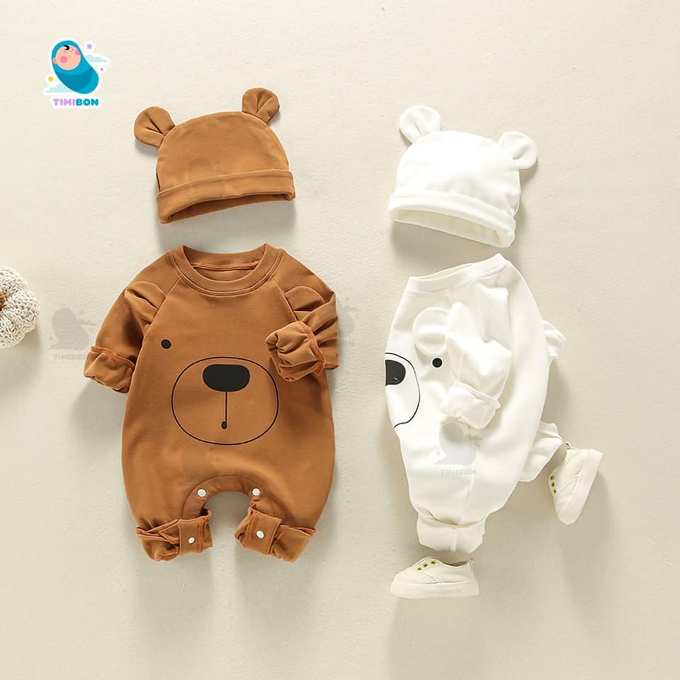 [ Kèm Mũ ] Bodysuit Dài Tay Cho Bé Trai Bé Gái, Body Thu Đông Gấu Mềm Mịn Mẫu Quần Áo Trẻ Em Liền Thân [BDD72]
