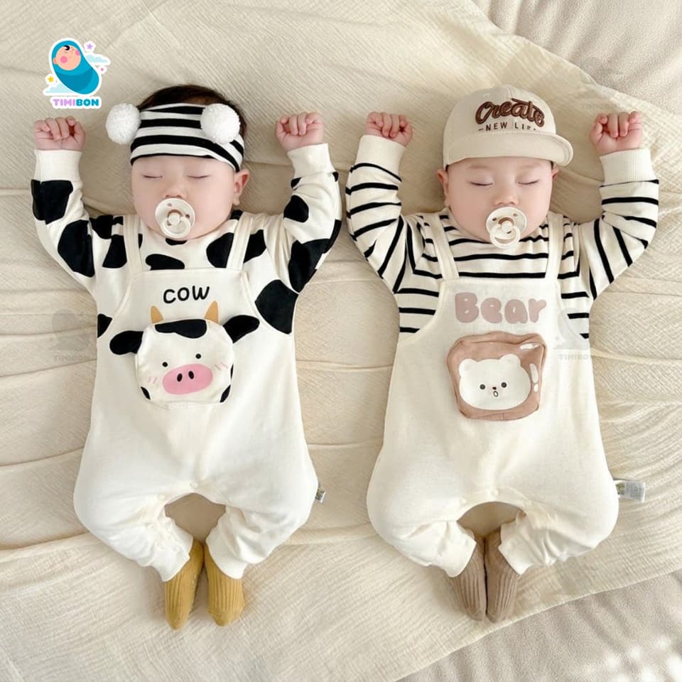 Body Dài Tay Cho Bé Trai Bé Gái, Bodysuit Thu Đông Nhung Tăm Bò Sữa Gấu Mẫu Quần Áo Trẻ Em Liền Thân [BDD67]
