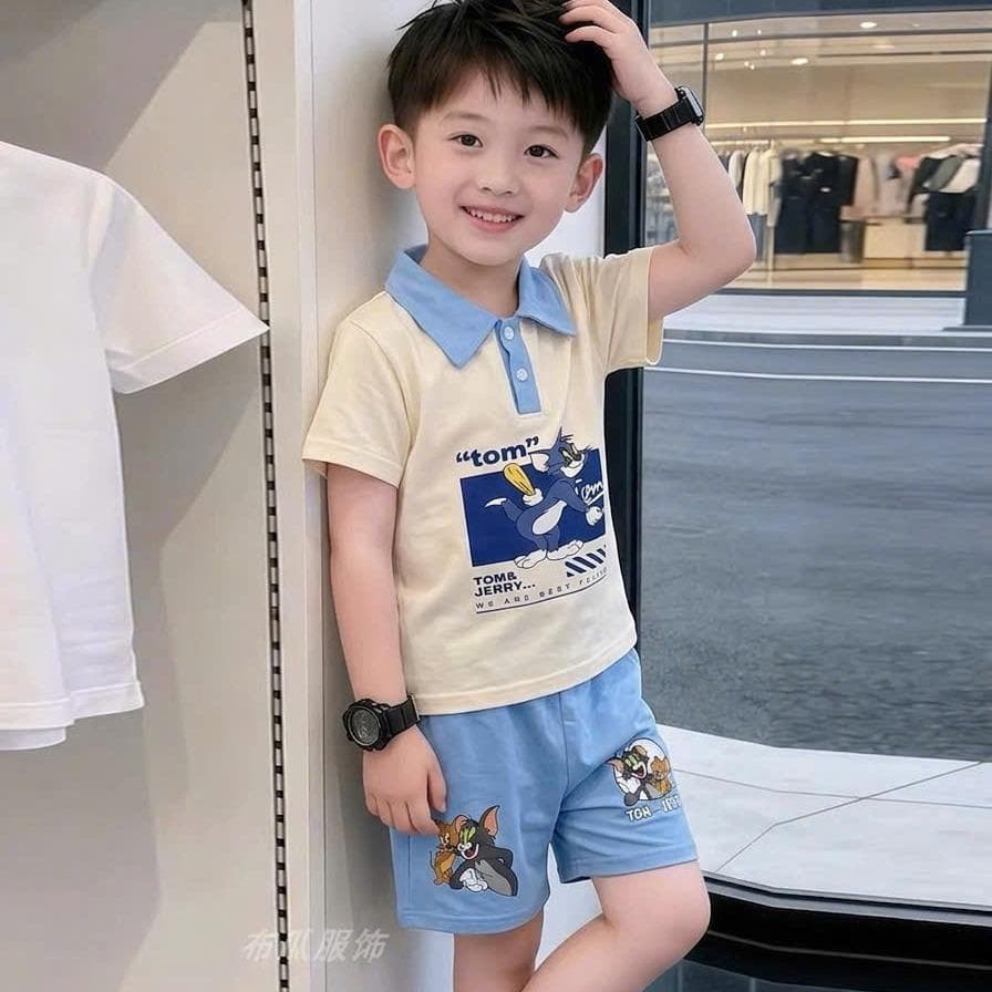 Bộ Đồ Cổ Bẻ In Hình Mèo Tom Vải Cotton Co Giãn Cho Bé Trai Bé Gái Từ 8 Đến 18kg DV072 - ảnh 3
