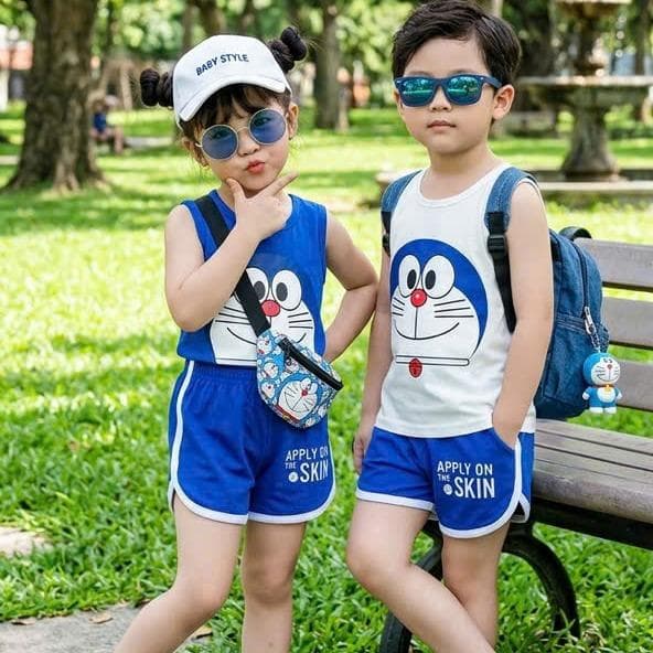 Bộ Đồ Trẻ Em In Hình Doremon Vải Cotton Cho Bé Trai Và Bé Gái Từ 8-18kg DV058