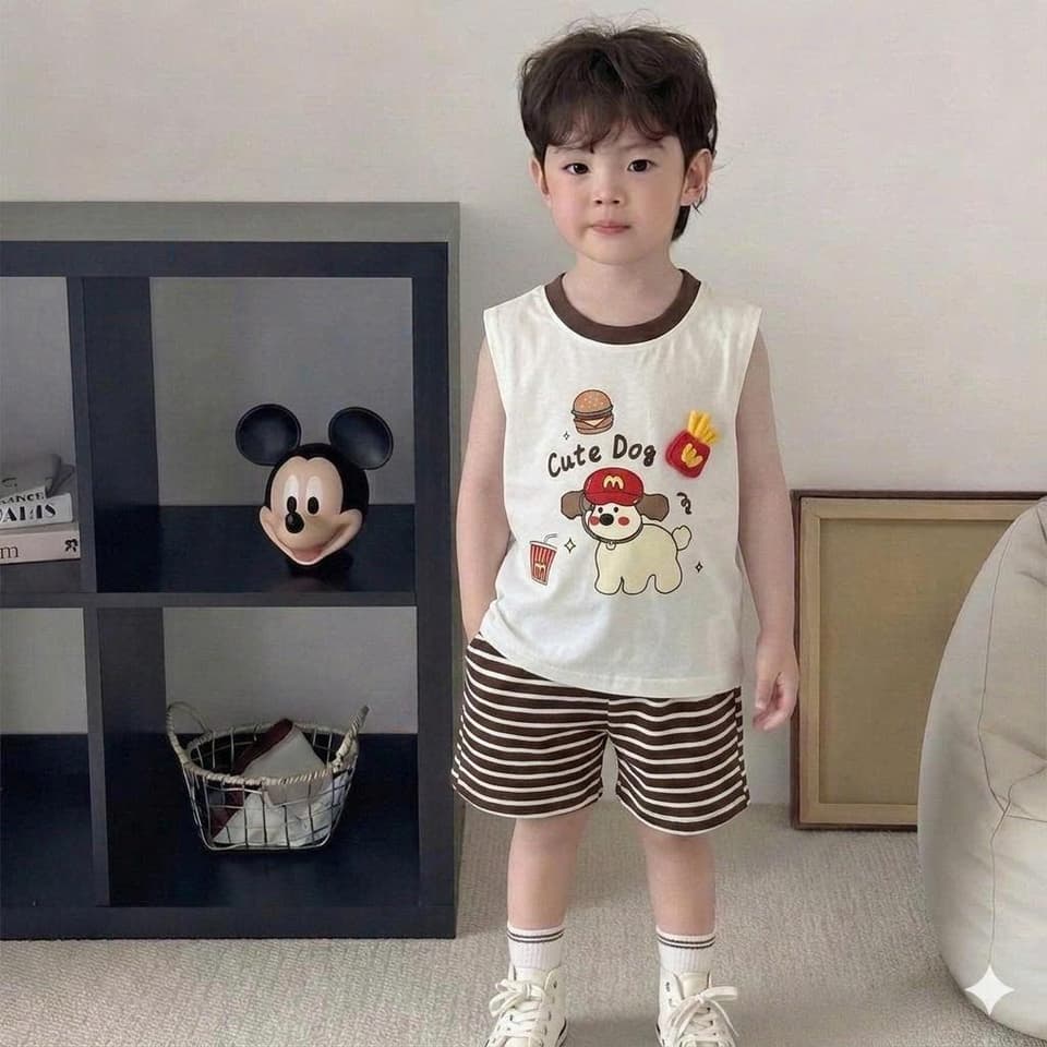 Bộ sát nách bé trai bé gái họa tiết chó sư tử quần kẻ ngang cotton co giãn 8-18kg DV053 - ảnh 2