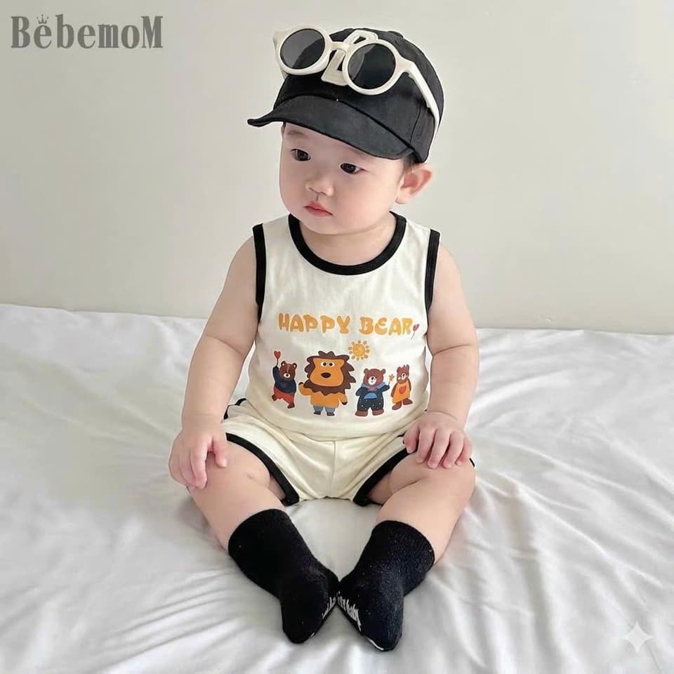 Bộ 3 Lỗ Sát Nách In Chữ Happy Bear Cotton Co Giãn Cho Bé Trai Bé Gái Đồ Bộ Hè Cho Bé Từ 8-18kg DV070 - ảnh 3