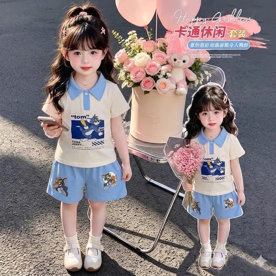 Bộ Đồ Cổ Bẻ In Hình Mèo Tom Vải Cotton Co Giãn Cho Bé Trai Bé Gái Từ 8 Đến 18kg DV072