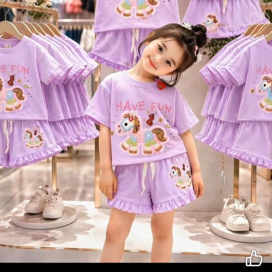 Bộ quần áo bé gái họa tiết ngựa và quần bèo vải cotton co giãn cho bé từ 8 đến 18kg DV056 - ảnh 2