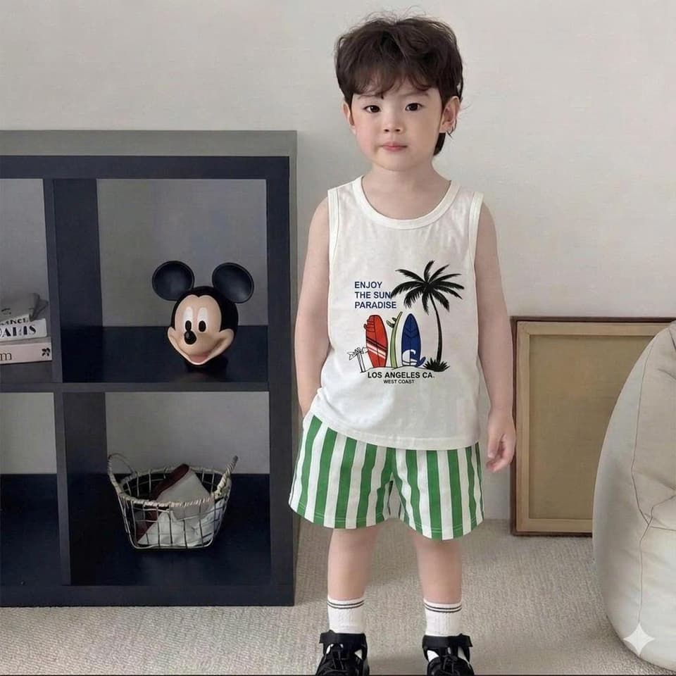 Bộ Đồ Đi Biển Sát Nách Quần Kẻ Dọc Vải Cotton Cho Bé Trai Bé Gái 8-18kg DV052