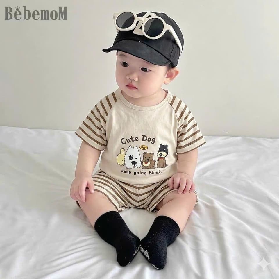 Bộ đồ thun cotton phối kẻ in hình dễ thương cho bé trai bé gái từ 8-18kg DV059 - ảnh 7
