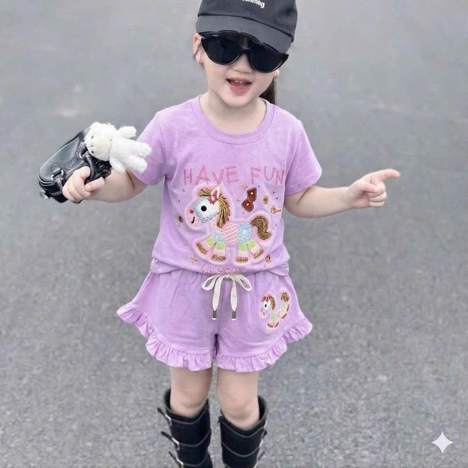 Bộ quần áo bé gái họa tiết ngựa và quần bèo vải cotton co giãn cho bé từ 8 đến 18kg DV056 - ảnh 4
