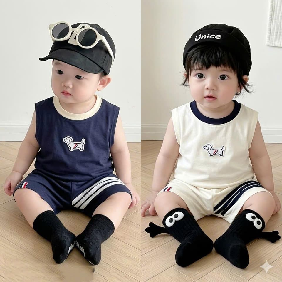 Bộ Sát Nách Thêu Hình Chó Vải Co Giãn 4 Chiều Cho Bé Trai Và Bé Gái 8-18kg DV048