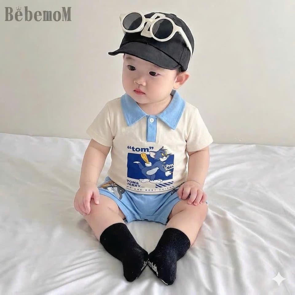 Bộ Đồ Cổ Bẻ In Hình Mèo Tom Vải Cotton Co Giãn Cho Bé Trai Bé Gái Từ 8 Đến 18kg DV072 - ảnh 2