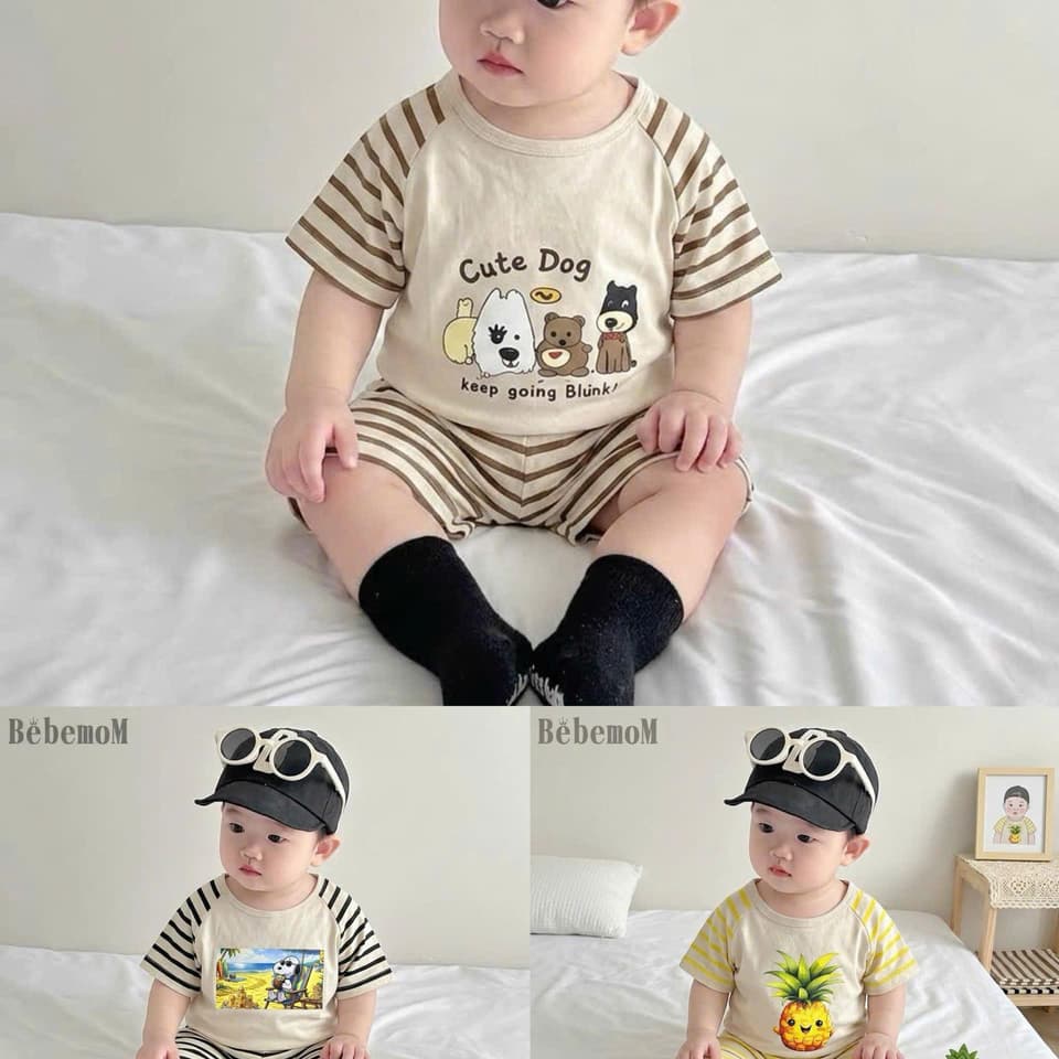 Bộ đồ thun cotton phối kẻ in hình dễ thương cho bé trai bé gái từ 8-18kg DV059 - ảnh 2