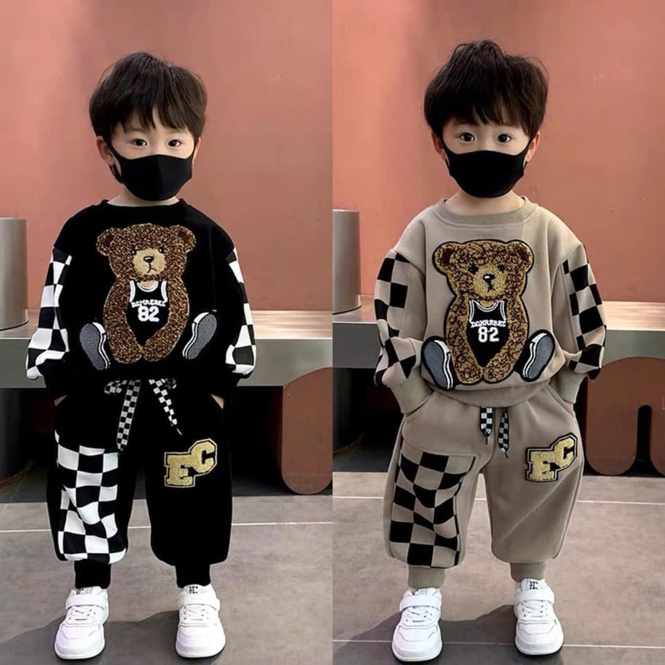 Bộ Nỉ Cotton Thu Đông Cho Bé Trai Bé Gái Hình Gấu Đáng Yêu 8 - 25kg DV004