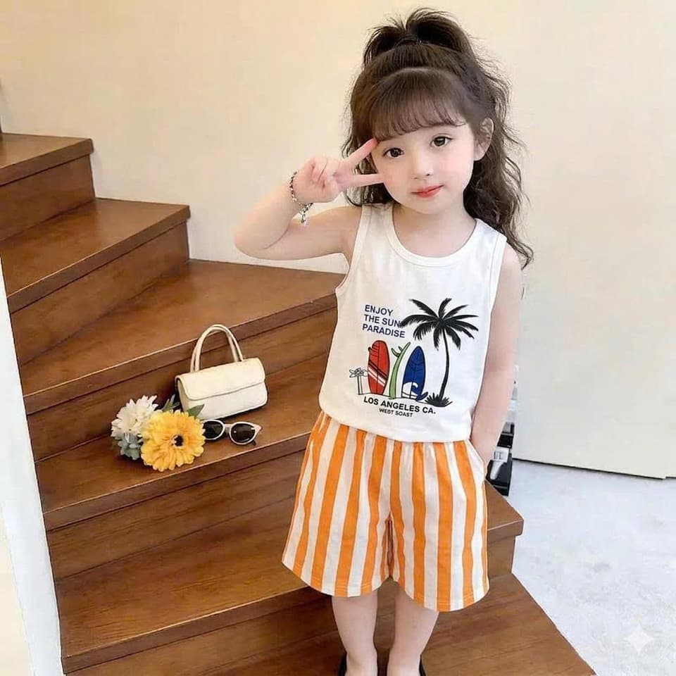 Bộ Đồ Đi Biển Sát Nách Quần Kẻ Dọc Vải Cotton Cho Bé Trai Bé Gái 8-18kg DV052 - ảnh 4