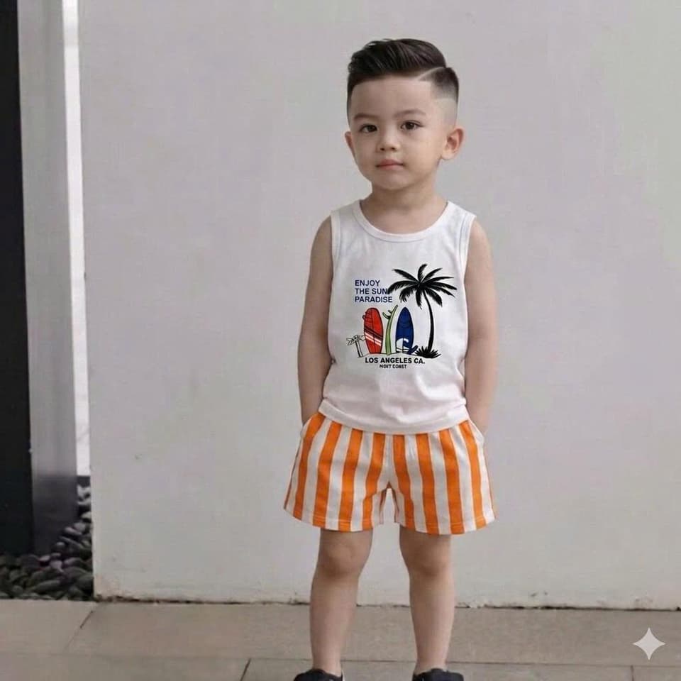 Bộ Đồ Đi Biển Sát Nách Quần Kẻ Dọc Vải Cotton Cho Bé Trai Bé Gái 8-18kg DV052 - ảnh 5