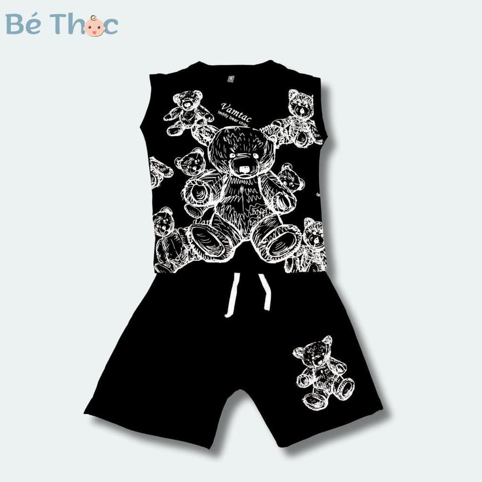 Bộ đồ ba lỗ mùa hè cho bé trai 10-30kg in hình gấu chất cotton tàu co giãn 4 chiều màu trắng đen DV012 - ảnh 5