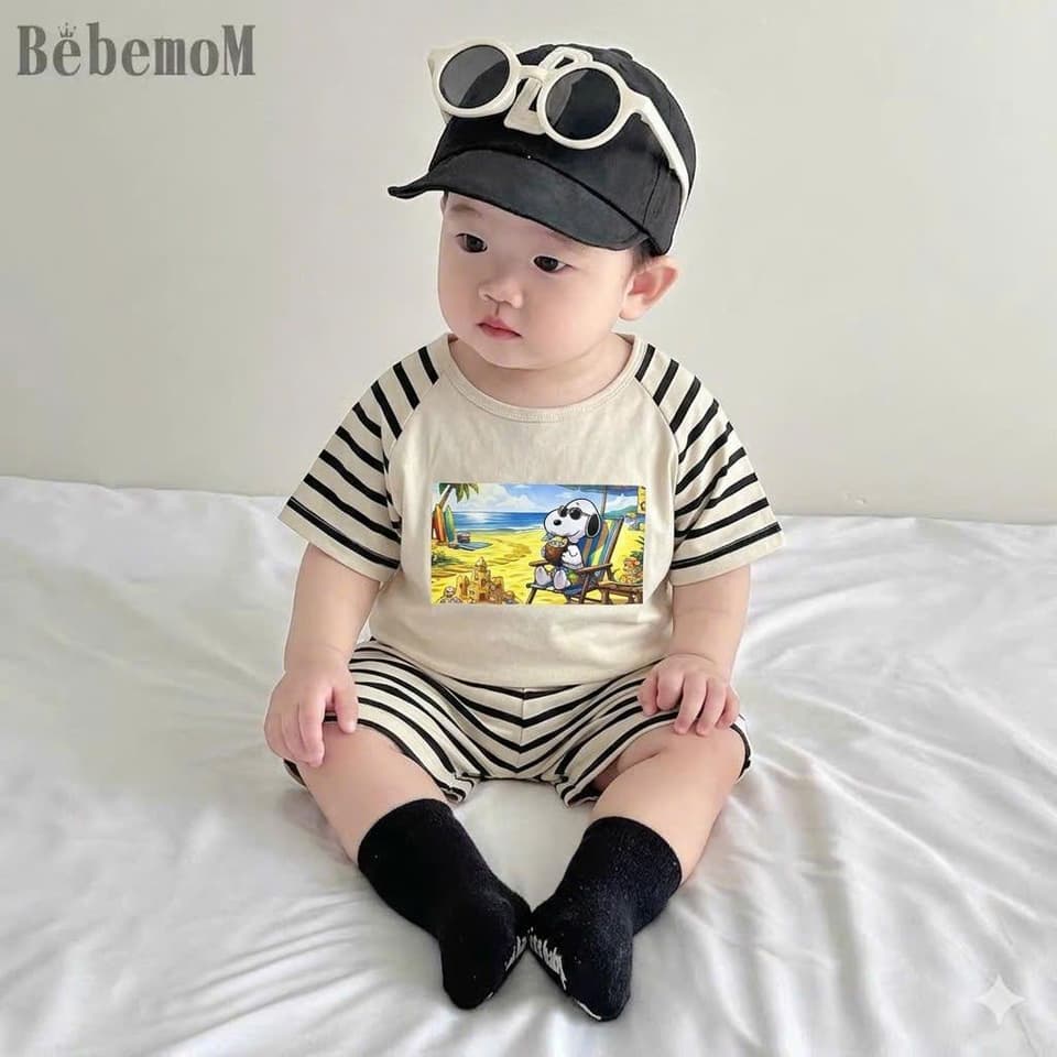 Bộ đồ thun cotton phối kẻ in hình dễ thương cho bé trai bé gái từ 8-18kg DV059 - ảnh 5