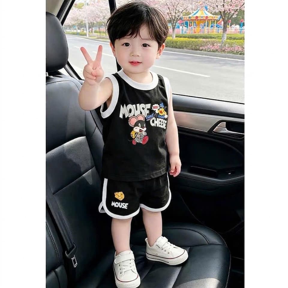 Bộ sát nách cotton in hình chuột cho bé trai và bé gái từ 8-18kg DV067 - ảnh 3