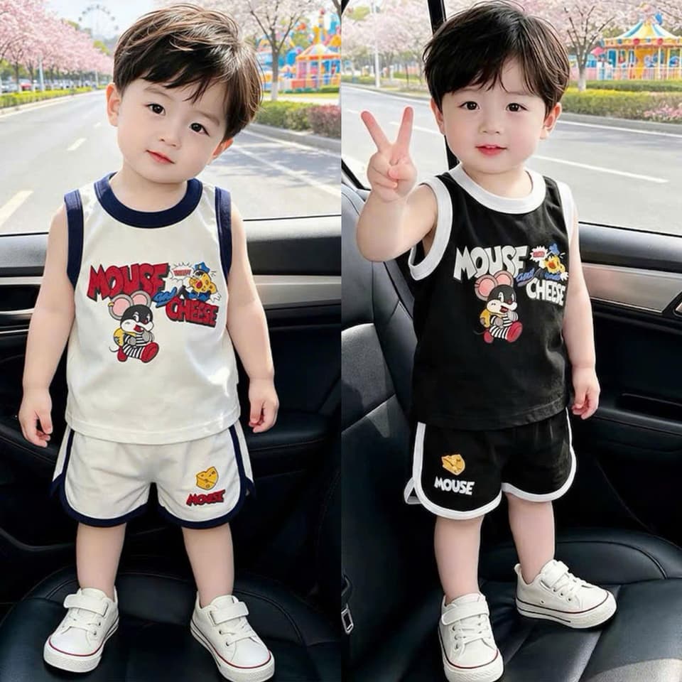 Bộ sát nách cotton in hình chuột cho bé trai và bé gái từ 8-18kg DV067