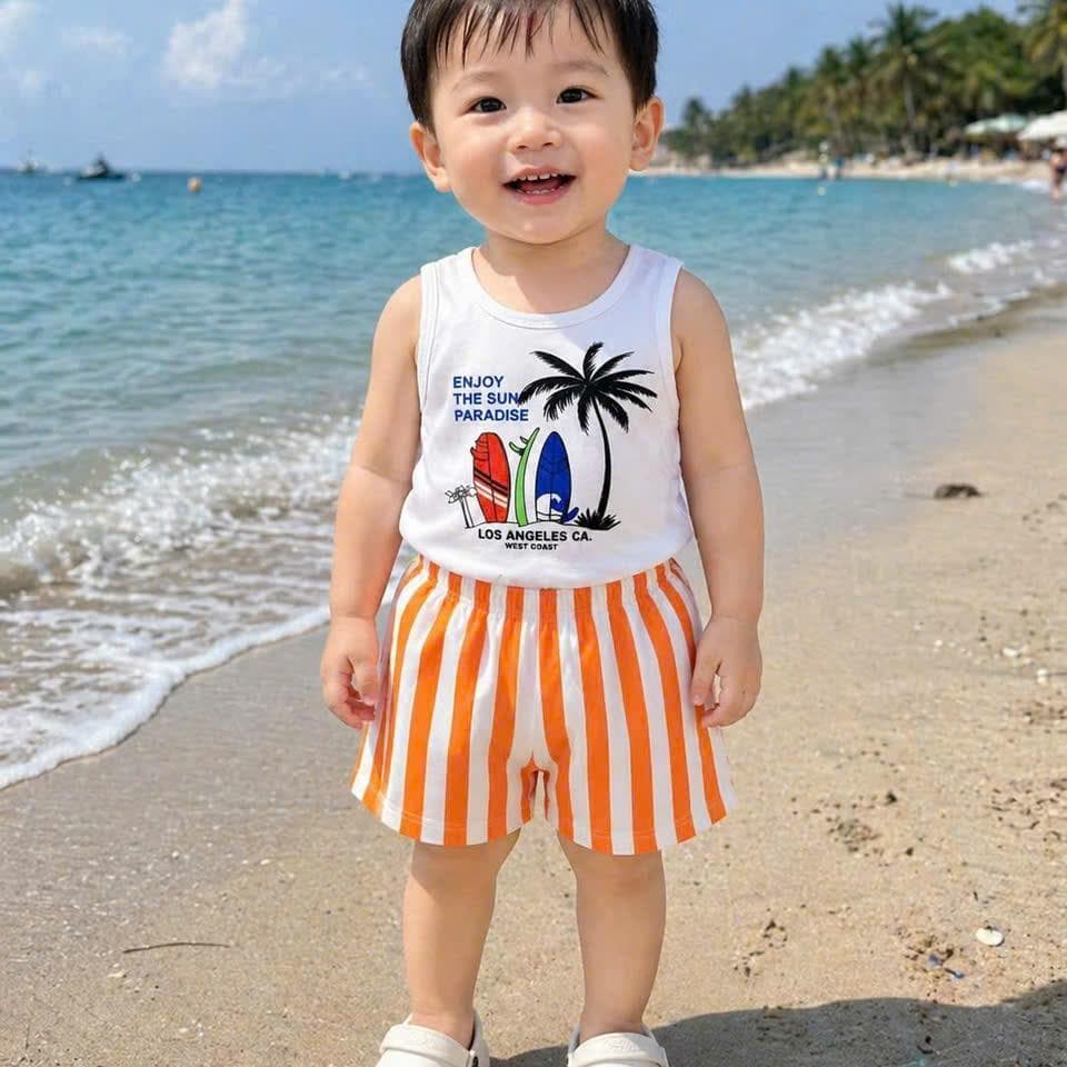 Bộ Đồ Đi Biển Sát Nách Quần Kẻ Dọc Vải Cotton Cho Bé Trai Bé Gái 8-18kg DV052 - ảnh 7
