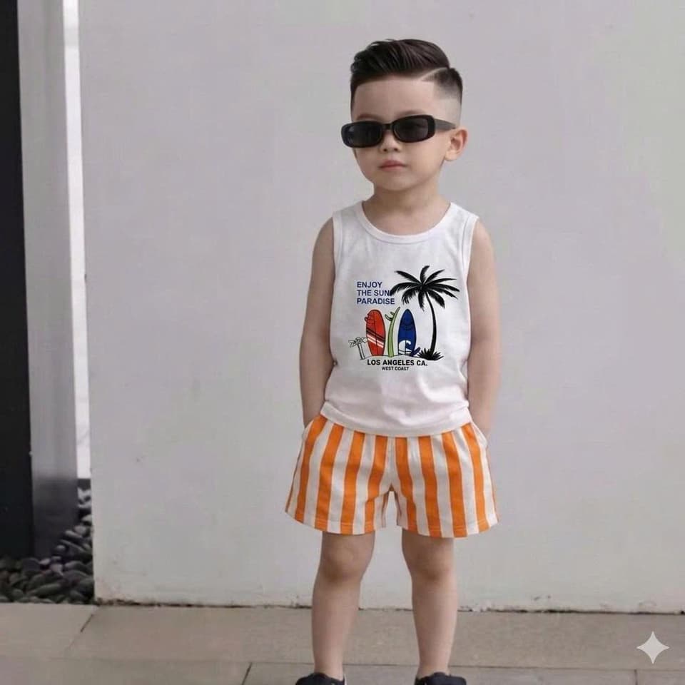 Bộ Đồ Đi Biển Sát Nách Quần Kẻ Dọc Vải Cotton Cho Bé Trai Bé Gái 8-18kg DV052 - ảnh 2