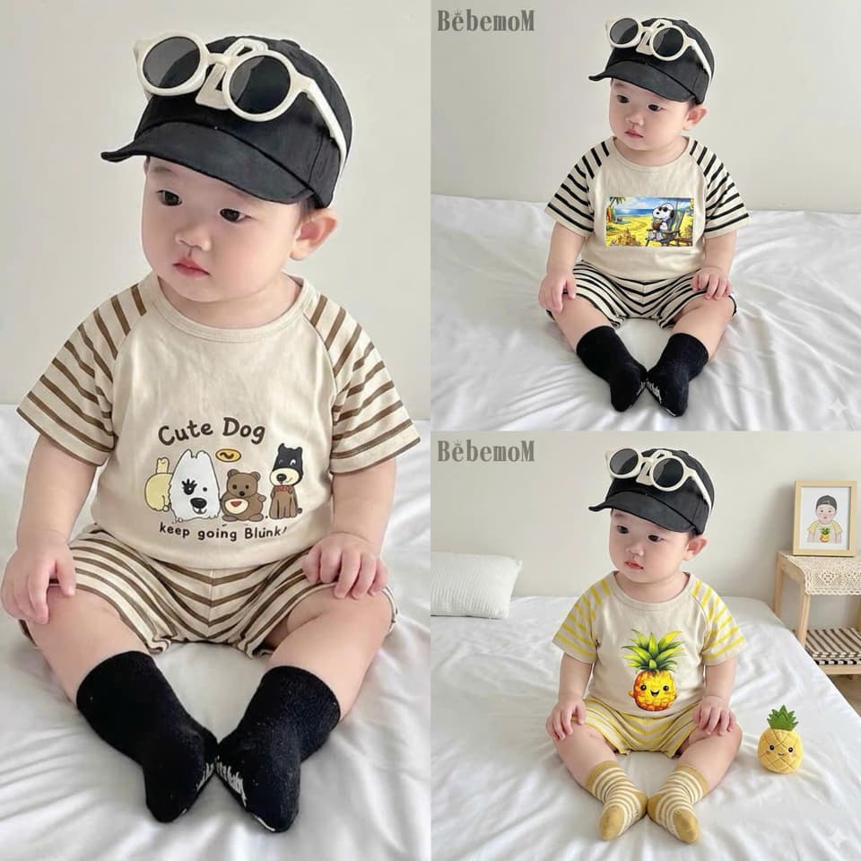 Bộ đồ thun cotton phối kẻ in hình dễ thương cho bé trai bé gái từ 8-18kg DV059