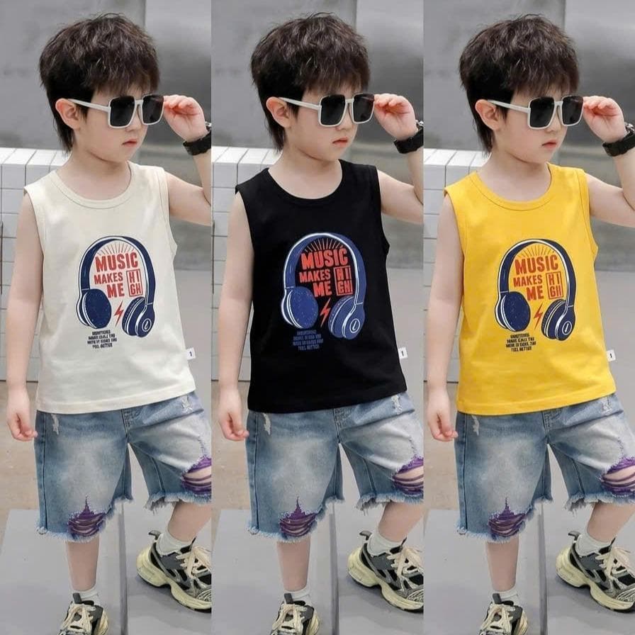 Áo sát nách cotton in hình tai nghe cho bé trai và bé gái 8-18kg DV062