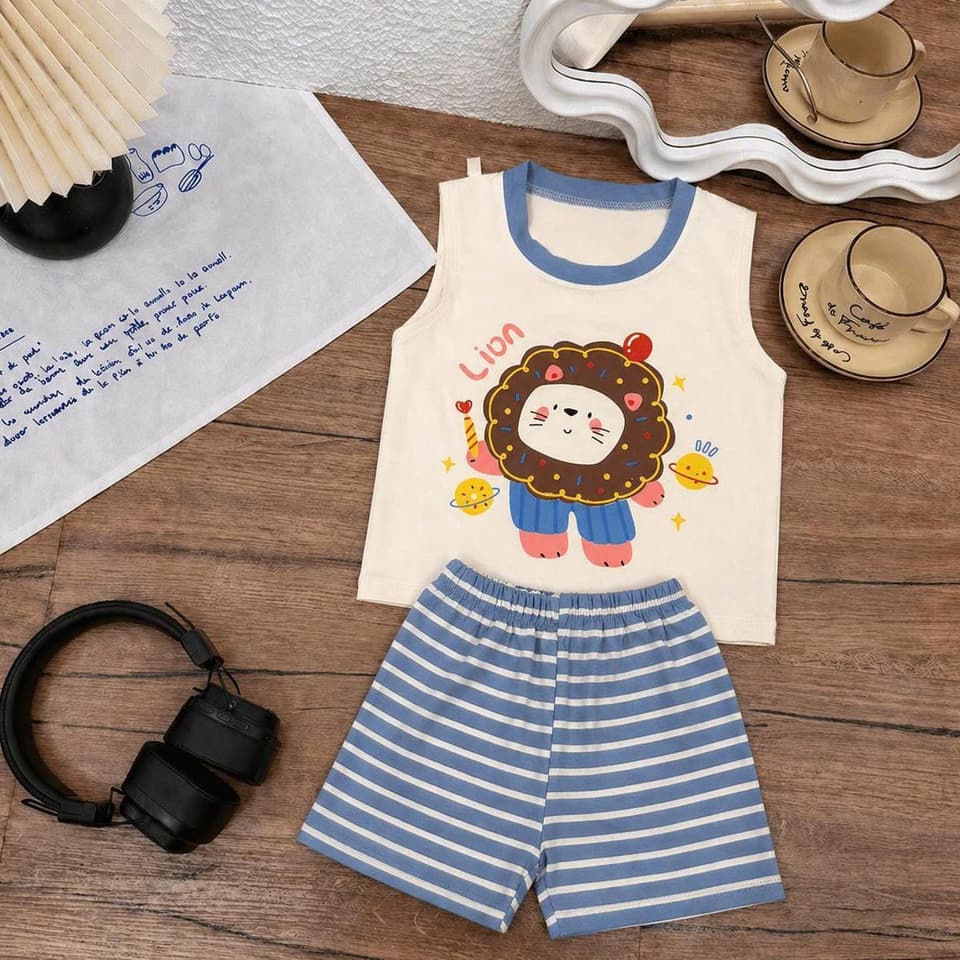 Bộ sát nách bé trai bé gái họa tiết chó sư tử quần kẻ ngang cotton co giãn 8-18kg DV053 - ảnh 8
