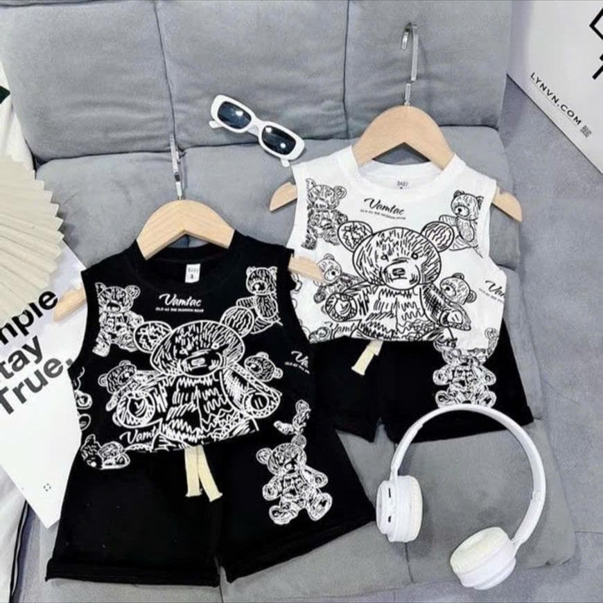 Bộ đồ ba lỗ mùa hè cho bé trai 10-30kg in hình gấu chất cotton tàu co giãn 4 chiều màu trắng đen DV012 - ảnh 8