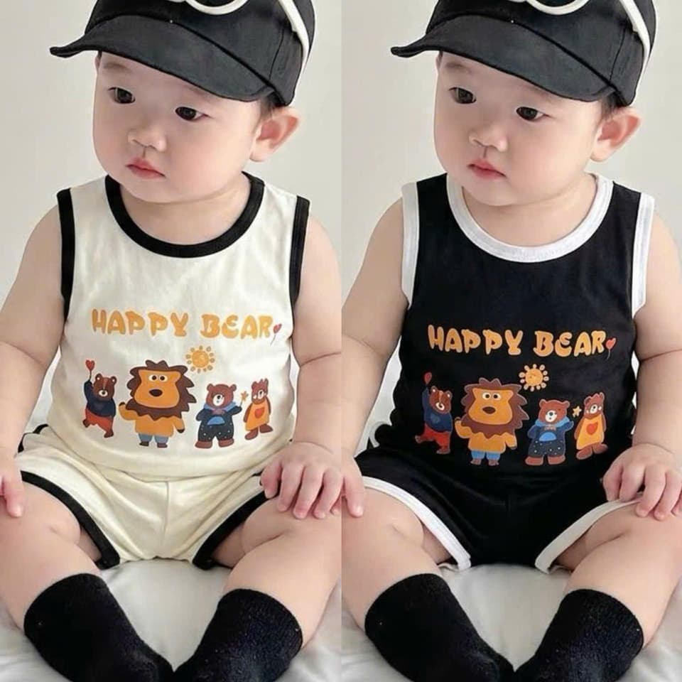 Bộ 3 Lỗ Sát Nách In Chữ Happy Bear Cotton Co Giãn Cho Bé Trai Bé Gái Đồ Bộ Hè Cho Bé Từ 8-18kg DV070 - ảnh 4