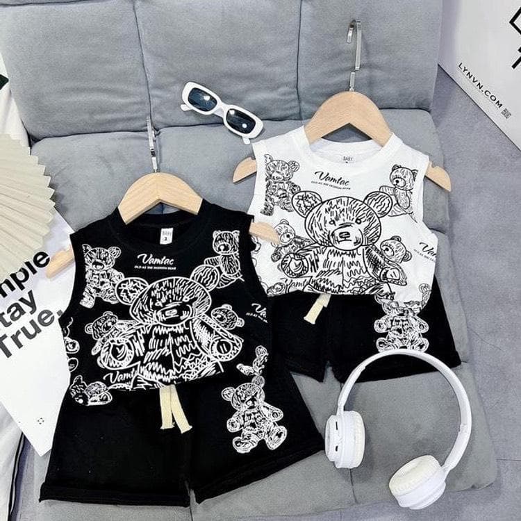 Bộ đồ ba lỗ mùa hè cho bé trai 10-30kg in hình gấu chất cotton tàu co giãn 4 chiều màu trắng đen DV012 - ảnh 2