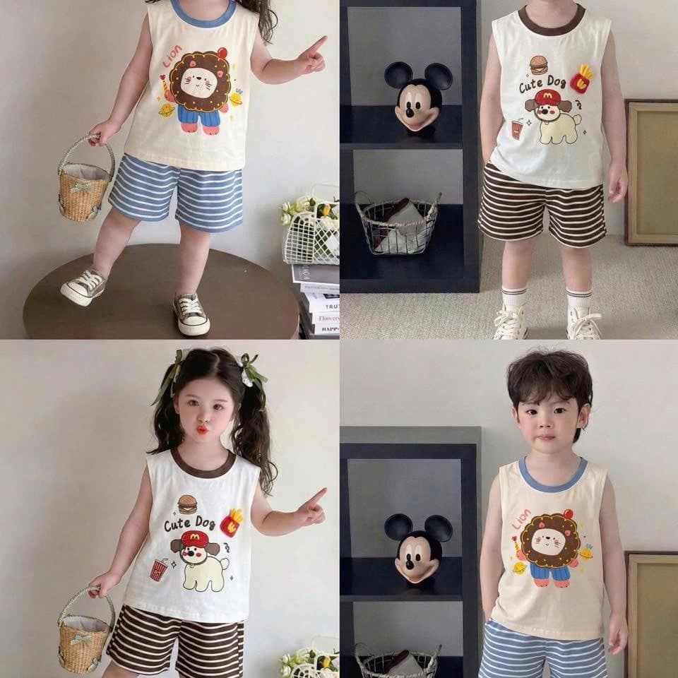 Bộ sát nách bé trai bé gái họa tiết chó sư tử quần kẻ ngang cotton co giãn 8-18kg DV053