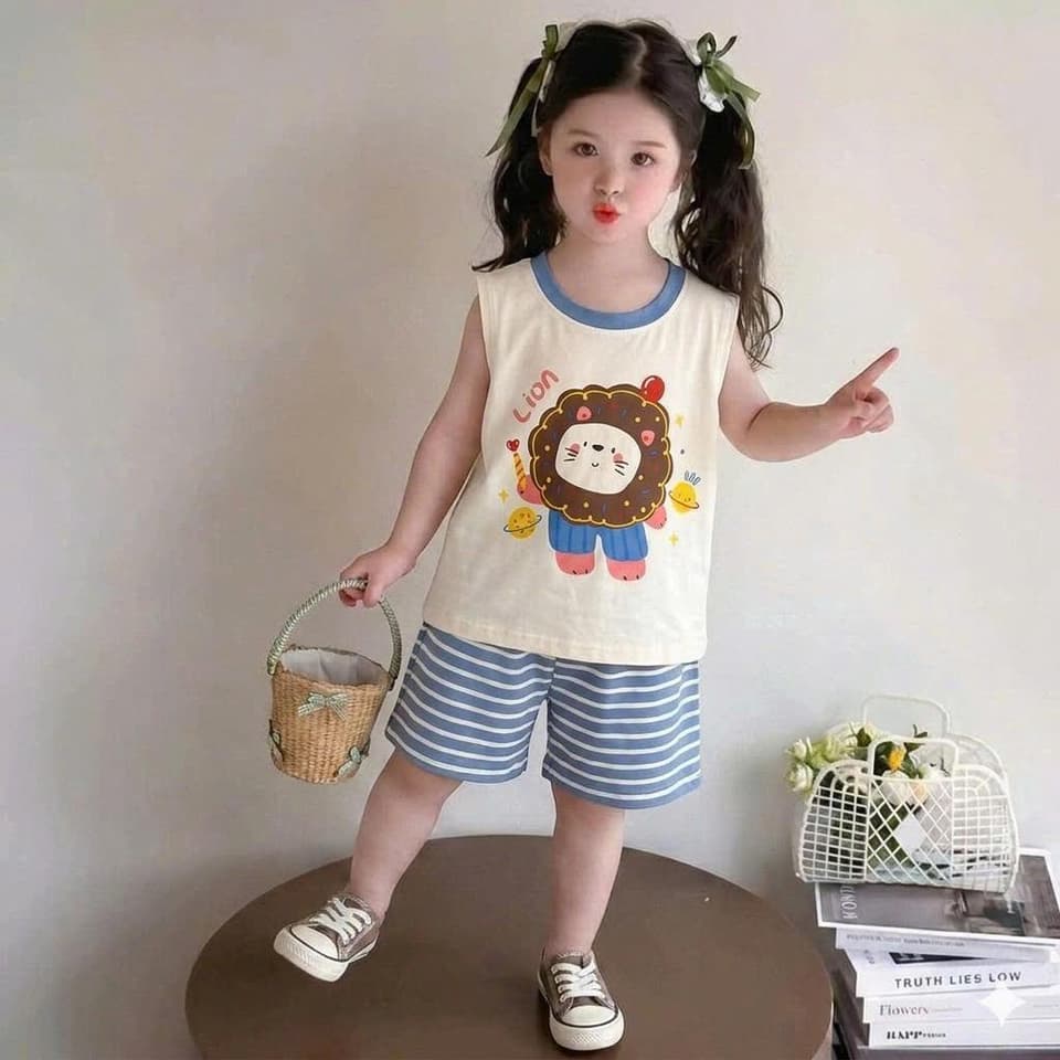 Bộ sát nách bé trai bé gái họa tiết chó sư tử quần kẻ ngang cotton co giãn 8-18kg DV053 - ảnh 6