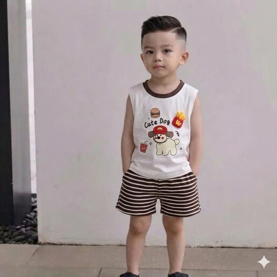 Bộ sát nách bé trai bé gái họa tiết chó sư tử quần kẻ ngang cotton co giãn 8-18kg DV053 - ảnh 3