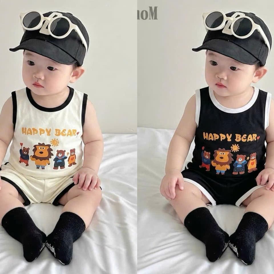 Bộ 3 Lỗ Sát Nách In Chữ Happy Bear Cotton Co Giãn Cho Bé Trai Bé Gái Đồ Bộ Hè Cho Bé Từ 8-18kg DV070