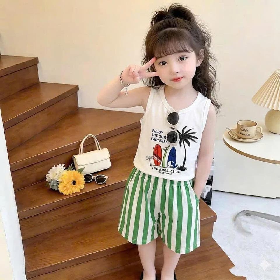 Bộ Đồ Đi Biển Sát Nách Quần Kẻ Dọc Vải Cotton Cho Bé Trai Bé Gái 8-18kg DV052 - ảnh 6