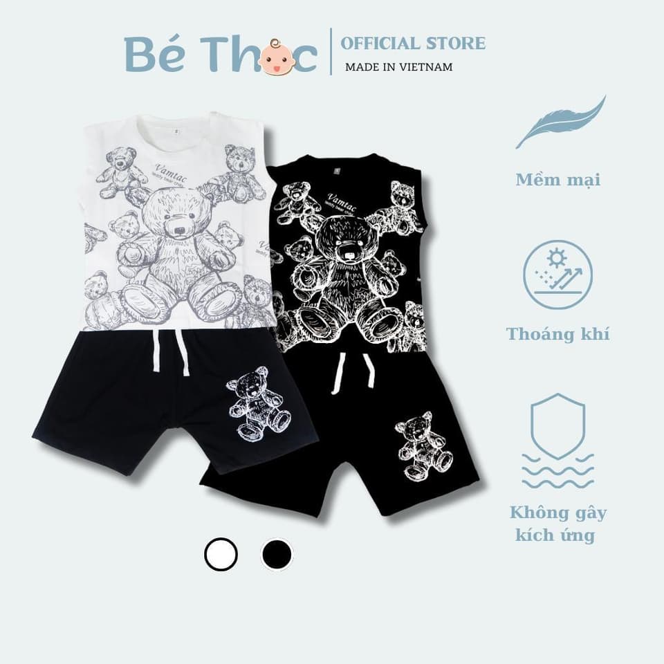 Bộ đồ ba lỗ mùa hè cho bé trai 10-30kg in hình gấu chất cotton tàu co giãn 4 chiều màu trắng đen DV012 - ảnh 3