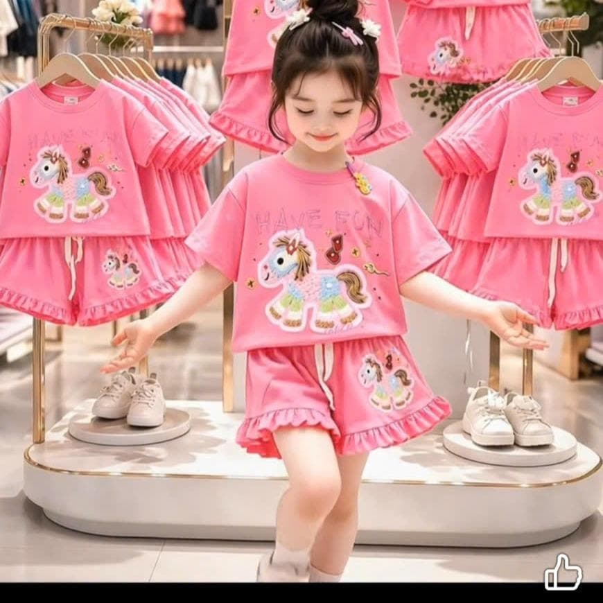 Bộ quần áo bé gái họa tiết ngựa và quần bèo vải cotton co giãn cho bé từ 8 đến 18kg DV056
