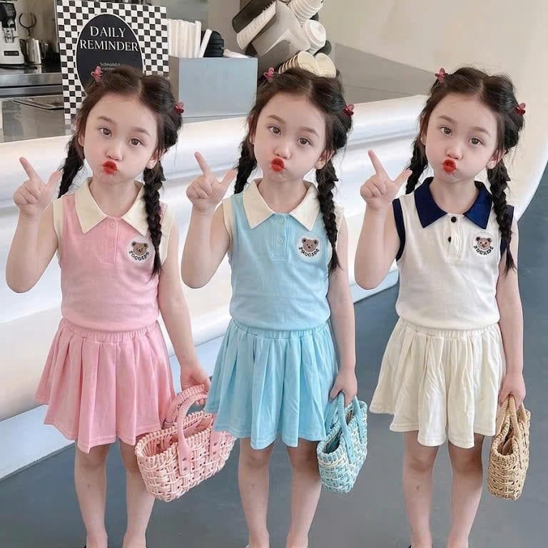 Váy Bé Gái Cổ Bẻ Vải Cotton Ép Gấu Cho Bé Từ 8 Đến 18kg DV071