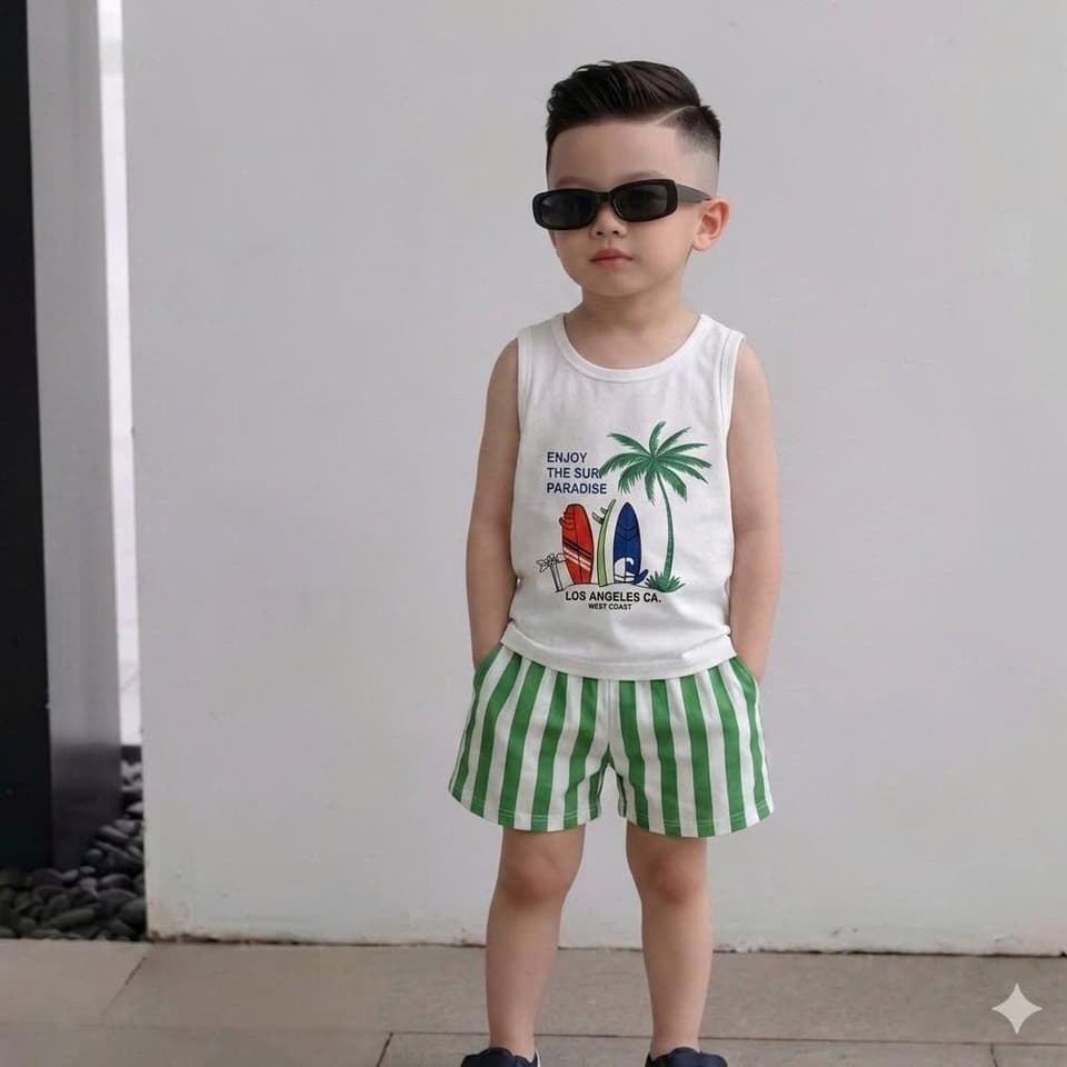 Bộ Đồ Đi Biển Sát Nách Quần Kẻ Dọc Vải Cotton Cho Bé Trai Bé Gái 8-18kg DV052 - ảnh 3