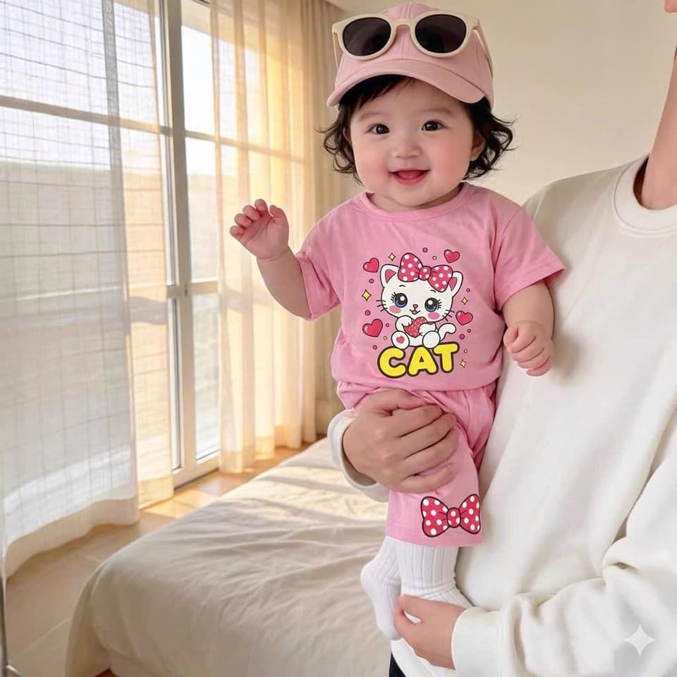 Bộ Đồ Con Mèo Cho Bé Gái Chất Cotton Co Giãn Thoải Mái Từ 8 Đến 18kg DV065