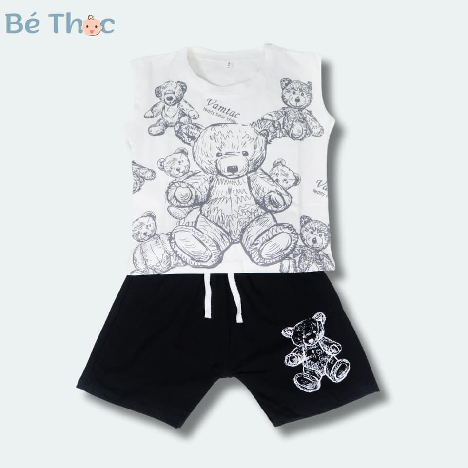 Bộ đồ ba lỗ mùa hè cho bé trai 10-30kg in hình gấu chất cotton tàu co giãn 4 chiều màu trắng đen DV012 - ảnh 4