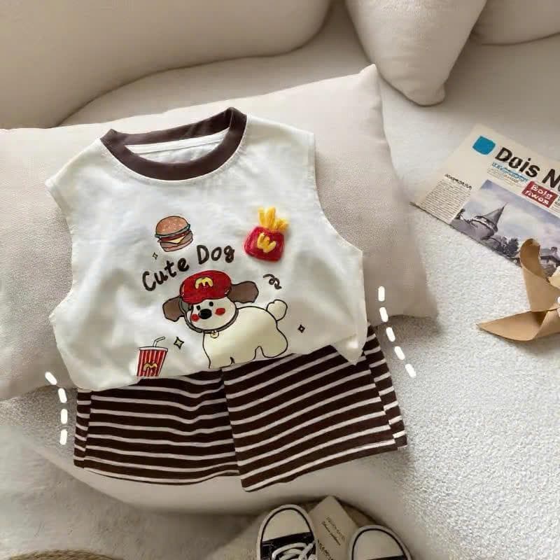 Bộ sát nách bé trai bé gái họa tiết chó sư tử quần kẻ ngang cotton co giãn 8-18kg DV053 - ảnh 4