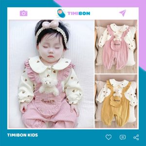 [ Tặng Kèm Gấu ] Bodysuit Cho Bé Gái Yếm Tiểu Thư Đầy Tháng Thôi Nôi Thun Gân Dễ Thương - [BDD52]