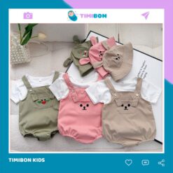 [ Tặng Kèm Mũ ] Set Yếm Chất Thô Kaki Họa Tiết Gấu Kèm Áo Cotton Cực Yêu Cho Bé - [B05]