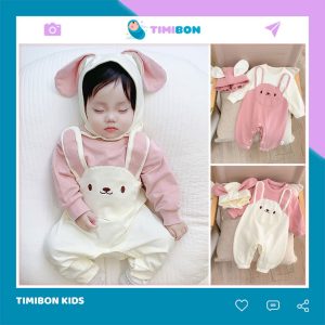 [ Tặng Kèm Mũ ] Bodysuit Dài Tay Cho Bé Gái, Body Dài Cotton Hình Thỏ Mẫu Quần Áo Trẻ Em Liền Thân - [BDD65]