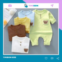 Body Dài Tay Cho Bé Trai Bé Gái, Bodysuit Thu Đông Tăm Lạnh Đính Gấu Mẫu Quần Áo Trẻ Em Liền Thân – [BDD66]