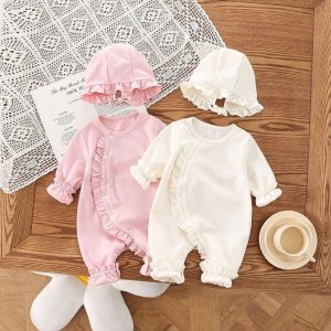 [ Tặng Kèm Mũ ] Bodysuit Dài Tay Cho Bé Gái, Body Bánh Bèo Viền Xếp Ly Mẫu Quần Áo Trẻ Em Liền Thân – [BDD74]