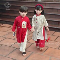 [ Kèm Quần ] Áo dài cặp cho bé trai bé gái, áo dài tết cách tân đính tua rua cho bé trai bé gái từ 7-17kg [CT24]