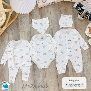 Set 5 Chi Tiết Body Cho Bé, Bộ Rời, Body Chip, Bodysuit Dài Tay Kèm Mũ Và Khăn Tam Giác [B19-SET5]