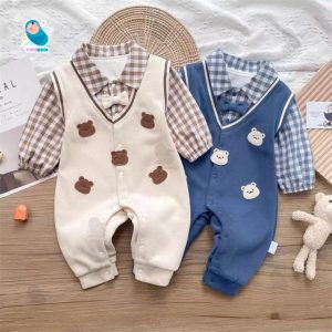 Body Công Tử Thu Đông Cho Bé, Body Dài Tay Vải Nỉ Zip Lông Dày Dặn Thêu Gấu Phối Cổ Nơ Cho Bé Trai [BDD101]