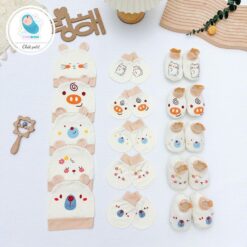 Set 3 Món Sơ Sinh ( Mũ - Bao Tay - Bao Chân ) Kem Pha Cổ Nâu Chất Petit Siêu Mềm Cho Bé Yêu